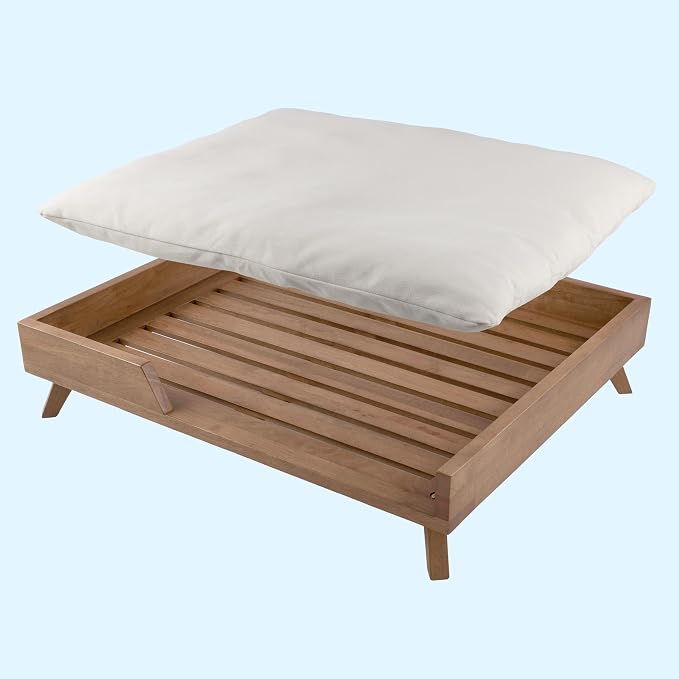 PETMAKER Elevated Dog Bed for Medium to Large Pets, Natural, 36” x 29.5” | Indoor Medium Dog Bed with Solid Wood Frame and Soft Cushion, Mid-Century Modern Raised Pet Furniture