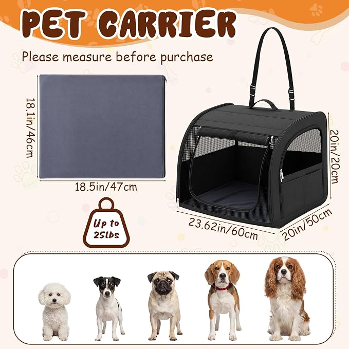Dog Car Crate, Enclosed Foldable Cat Car Seat Carrier, 23.62x20x20in, Black | Portable Dog Cat Carrier with Seatbelt Attachment & Headrest Strap, Soft-sided Pet Kennel with Bed for Pet Travel up to 25 lb