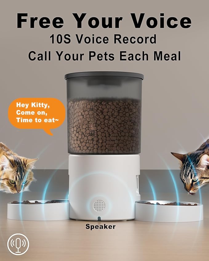 Automatic Cat Feeder 2 Cats, 4.2L Dry Food Auto Dispenser with Double Bowls,Dual Power Supply,Programmable Portion Control,10s Voice Recorder(Black,Stainless Steel Bowls) (Transparent+White)