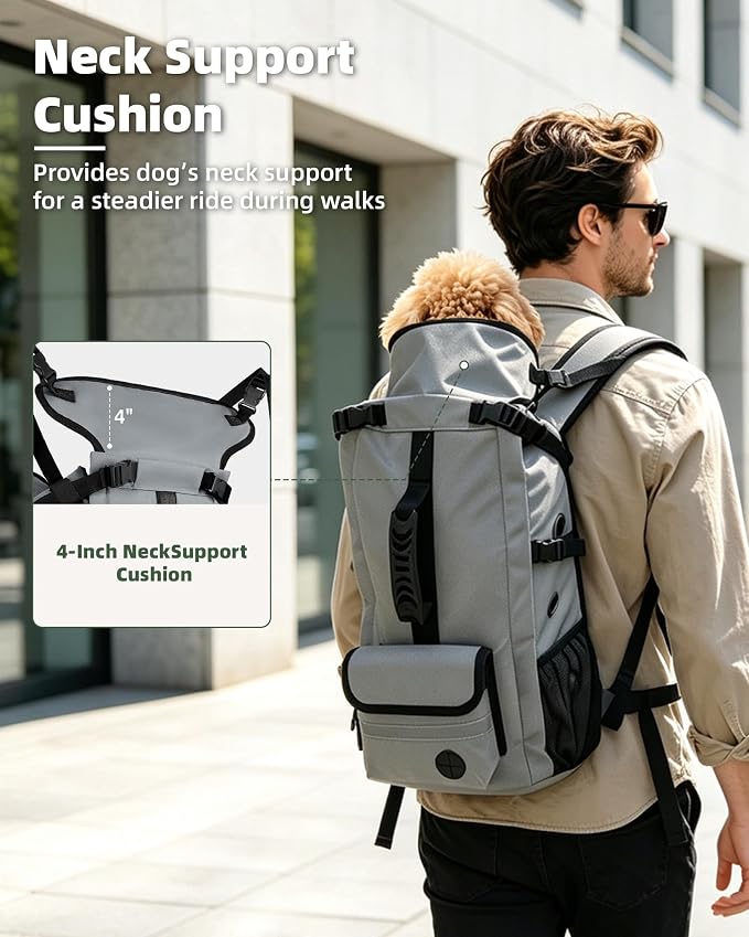 Breathable Dog Hiking Backpack Carrier for Small Dogs, Grey | 4-Layer Protection, Adjustable Dog Backpack with Storage Pockets, Reflective Strips, 3D Ergonomic Support, Under 24 lb