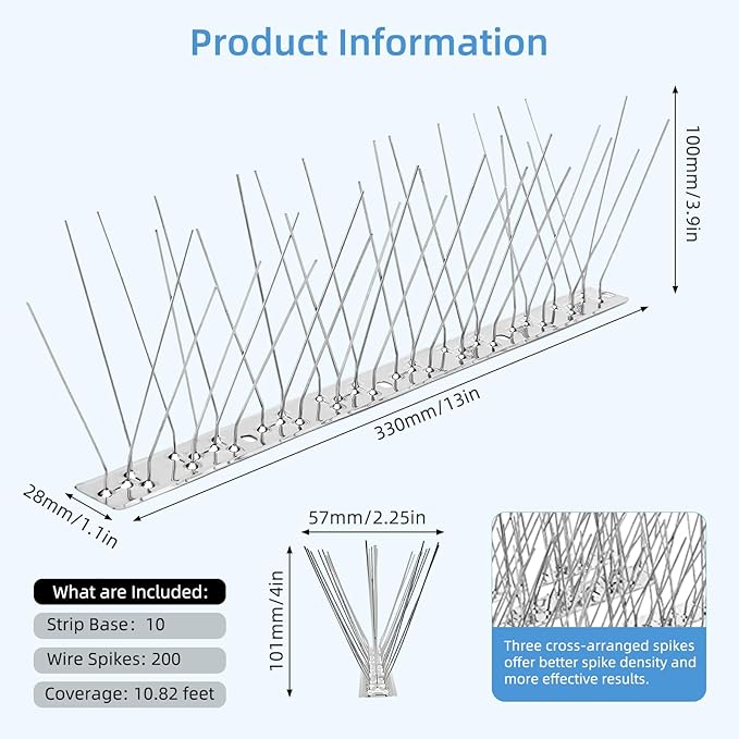 iFealClear 10 Pack Metal Bird Spikes for Keeping Small Birds, Woodpeckers, Squirrel Away, Heavy Duty Pigeon Spikes with Stainless Steel Base Cover 10.86 Feets for Outdoor Wall Fence, Easy to Install