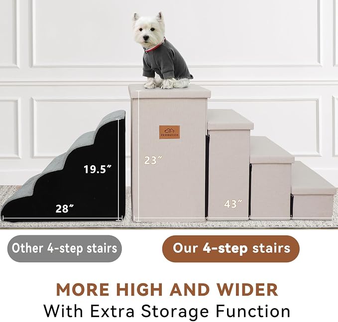Zerbuger Dog Stairs with Storage, Beige 4 Steps Dog Ramp no Condo for Bed | 23" H Wider Dog Steps for High Beds Couch, Folding Storage Pet Stairs Gift for Climbing Small/Medium/Large Old Dogs Cats