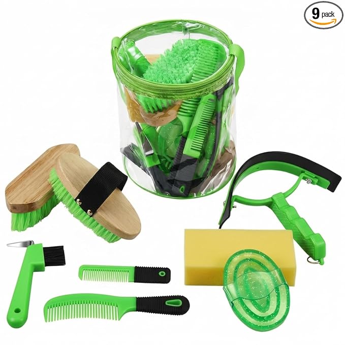 Cunhill 9 Pcs Horse Grooming Kit with Bag Curry Brushes,Cute,Green | Complete Grooming Set for Horses, Hard Soft Brushes, Hoof Pick, Sweat Scraper, Sponge, Comb, Portable Tote for Stable