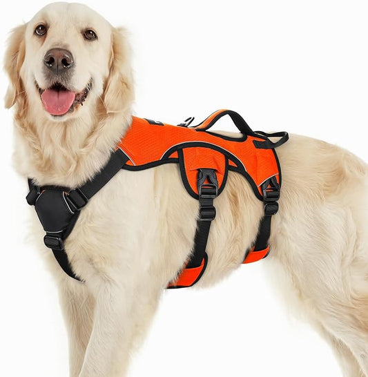rabbitgoo Escape Proof Dog Harness for Large, No Pull with Lift Handle | No Escape, Full Soft Padded, Reflective Adjustable Vest, Leash Clip for Walking Hiking Training, Orange, Large