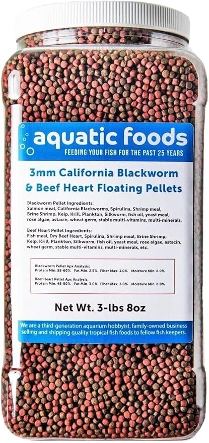 Aquatic Foods Inc. 3mm California Blackworm & Beef Heart Floating Pellets, for Discus, Cichlids All Tropicals, Koi and Pond Fish…3-lb & 8oz Lg Jar