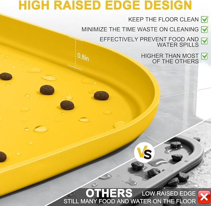 SMILOOL Waterproof Silicone Pet Food Mat with Raised Edge for Dog & Cat | 22" x 14" Non-Slip Pet Feeding Mats with Lip for Food & Water Bowl, Food Grade, Easy Cleaning, Vivid Yellow