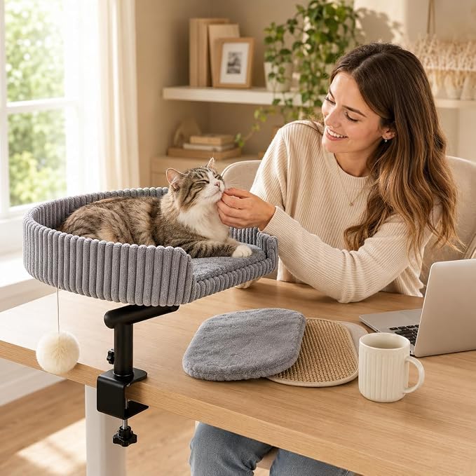 Cat Desk Bed with 3 Mats for All Seasons, 360° Rotating Adjustable | Clamp-On Desk Cat Bed with Reversible Plush Cushion, Sisal Scratch Mat, Cooling Mat & Hanging Ball, Supports 50 lbs, Grey