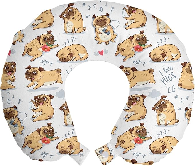 Ambesonne Dog Lover Travel Pillow Neck Rest, I Love Pugs French Bulldogs Playing Rose Bouquets Hearts Listening, Memory Foam Traveling Accessory for Airplane and Car, 12", Pastel Brown Blue Grey
