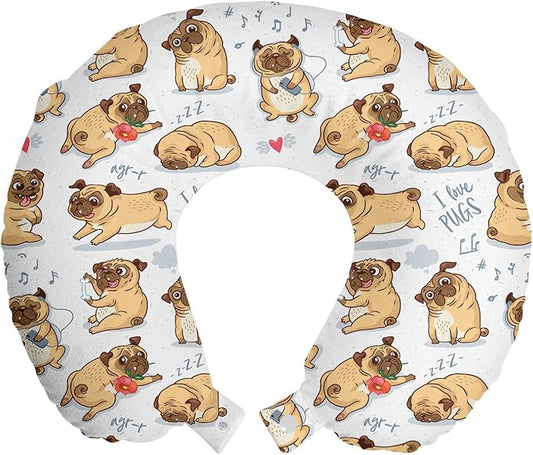 Ambesonne Dog Lover Travel Pillow Neck Rest, I Love Pugs French Bulldogs Playing Rose Bouquets Hearts Listening, Memory Foam Traveling Accessory for Airplane and Car, 12", Pastel Brown Blue Grey