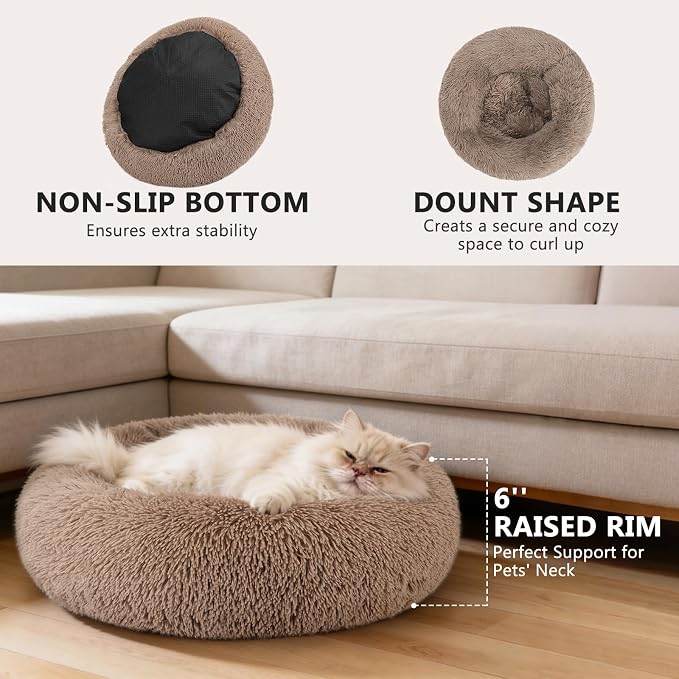 MIXJOY Calming Cat Beds for Indoor Cats, 20'' Kitten Donut Beds for Pet Up to 15lbs, Fluffy Small Cat Cuddler, Anti-Anxiety Plush Faux Fur Large Pet Bed Washable (20'', Brown)