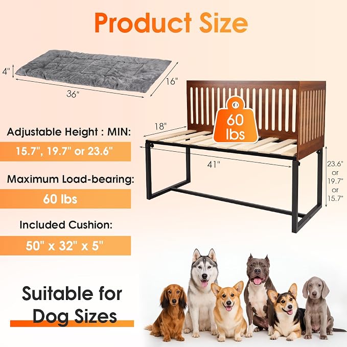 TIEBOLA Bedside Dog Bed 41"x18", Adjustable Height Metal Frame with Soft Cushion for Small Medium Dogs.