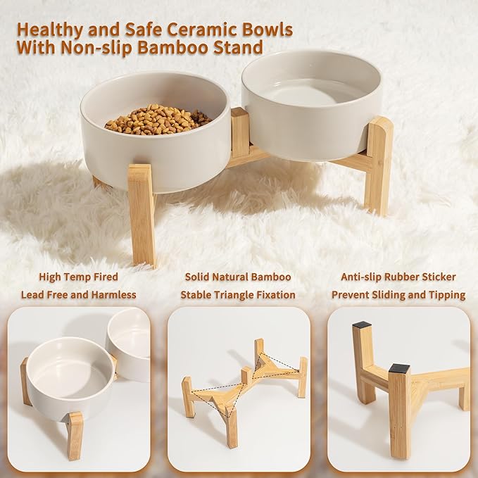 Elevated Ceramic Dog Bowl, 3.6 Cups Dog Food and Water Bowl Set with Stand | 6.1'' Double Dog Feeding Dishes, Non-Slip Raised Dog Feeder for Small and Medium Breeds, 28.74 OZ / 850 ML, White