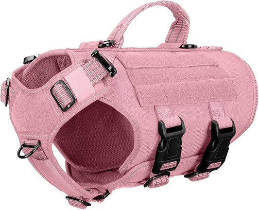 ICEFANG No Pull Tactical Dog Harness for Small Dogs,Adjustable Dog Vest | Control Handle,MOLLE Panel,Front Hook,3 Leash Clips,Soft Padded,for walking training,Pink,Small