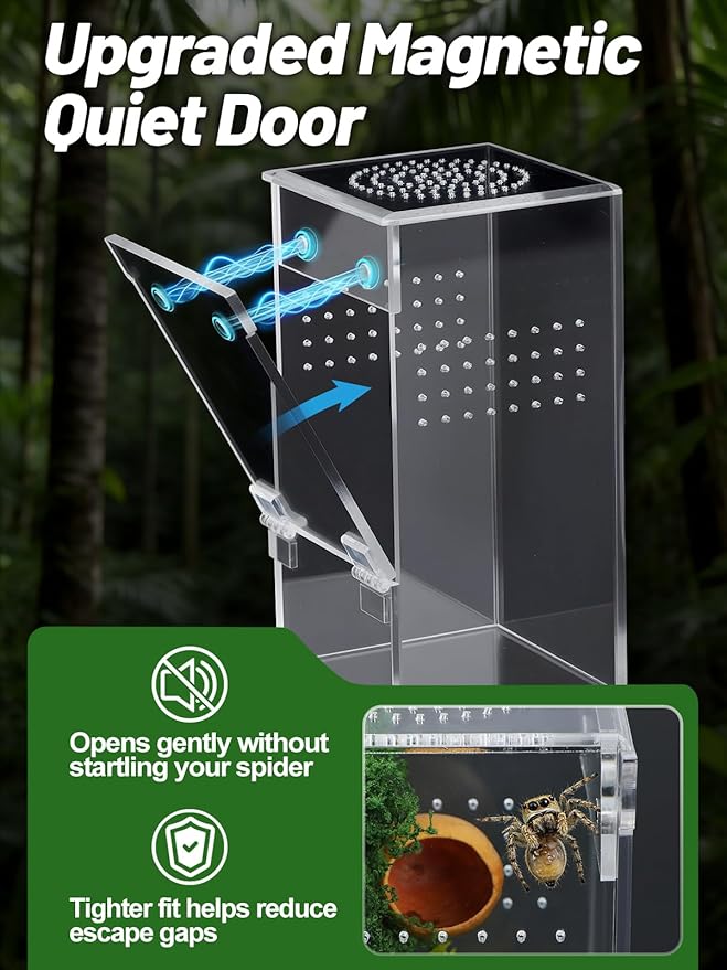 Escape Proof Jumping Spider Enclosure Kit - 3x3x6in Pre-Assembled Acrylic Terrarium with Magnetic Door/Micro Vent Holes/Accessories, Insects Habitat for Spiderlings, Mantis, Tarantulas, Snails