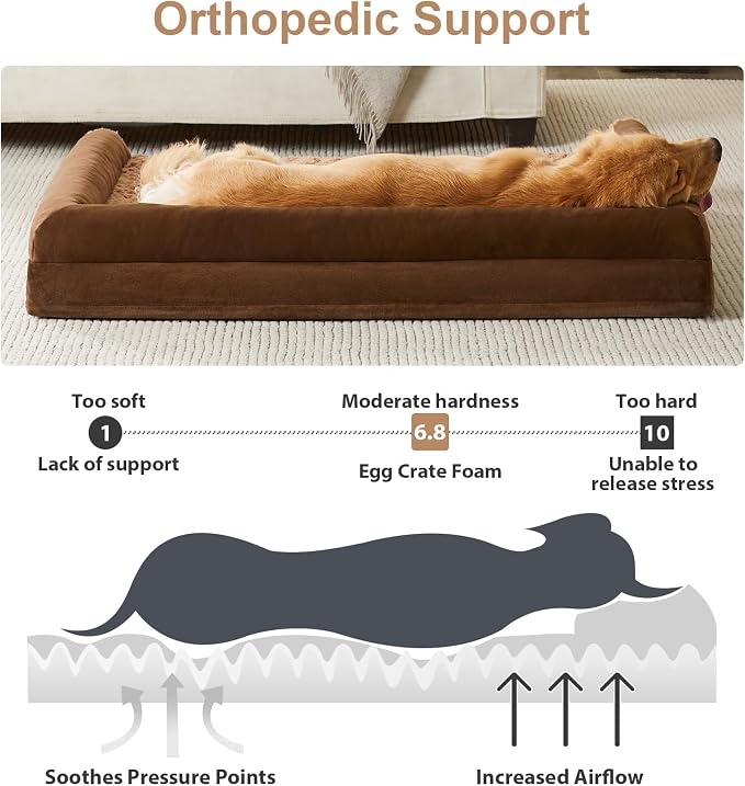 BFPETHOME Orthopedic Washable XXL Dog Bed for Senior Dog Cozy Sleep | Extra Large Waterproof Big Soft Pet Couch Bed for Dogs Relax with Removable Cover Supportive Egg Crate Foam Brown 48x35 Inch