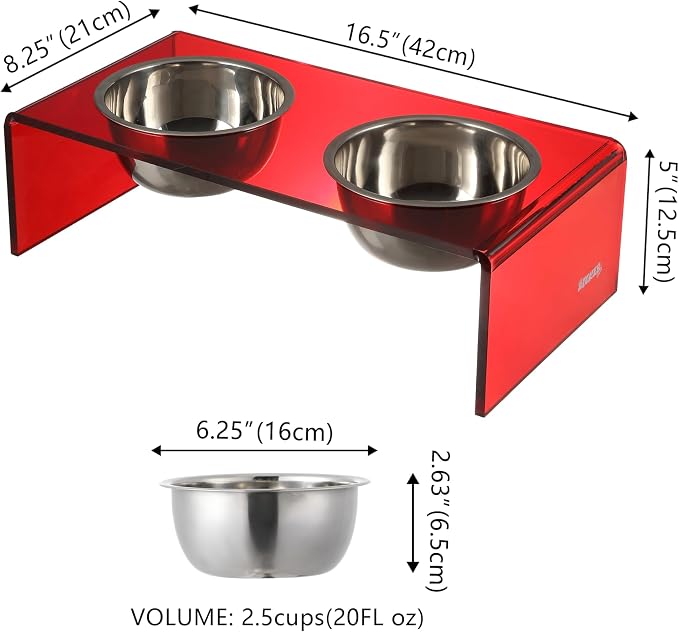 DBL2000H Keaton 5" Small/Medium Modern Acrylic Rectangular Elevated Pet Feeder with 20oz 2-Stainless Steel Bowls, Red/Chrome
