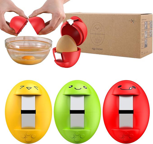 Egg Cracker, Silicone Egg Shell Opener, Cute Egg Shaped Design, Opens Eggs with Ease, A Little Happiness Boost for Your Kitchen. (3-Pack–Green, Red, Yellow)