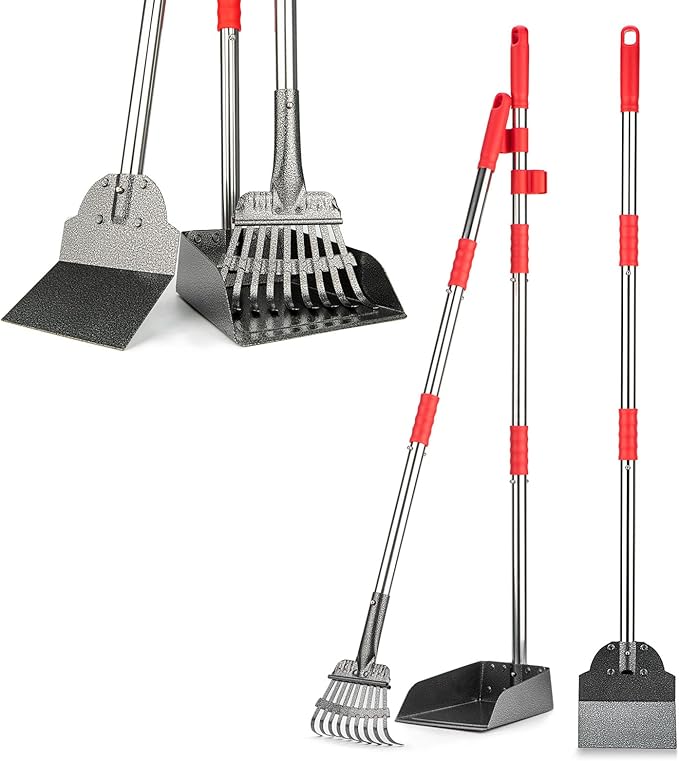 FUSBUNTY Pooper Scooper, Long Handle Dog Pooper Scooper, Heavy Duty Stainless Steel Rake with Tray & Spade Set for Pet Waste Removal, for Grass, Dirt or Gravel