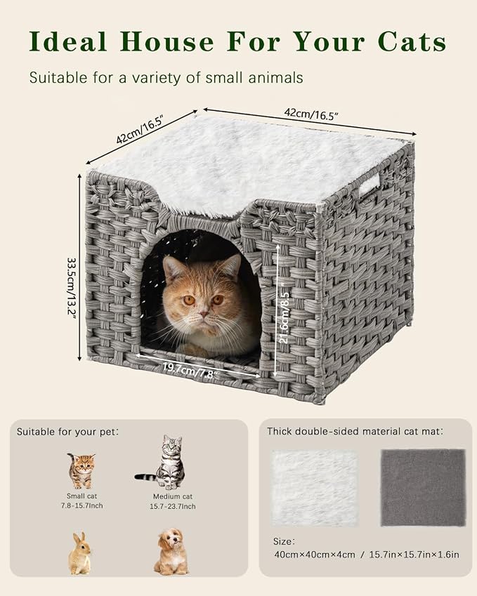 SETVSON Cat Beds Indoor Kitten House, Handwoven Rattan PE Cat Cave, Gray | 2-in-1 Kitty Condo with Top Perch & Bottom Cave, Furry Canvas Dual Cushion, 2 S-Hooks, Steel Frame, 16.5x16.5x13.2 In