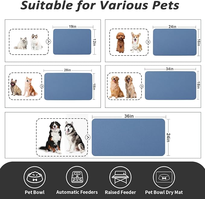HotLive Dog Food Mat - Absorbent Cat Mat for Food and Water, No Stains Pet Feeding Bowl Mat, Easy to Clean Pet Placemats, Quick Dry Dog Water Dispenser Mat for Messy Drinkers | Blue 18"x34"