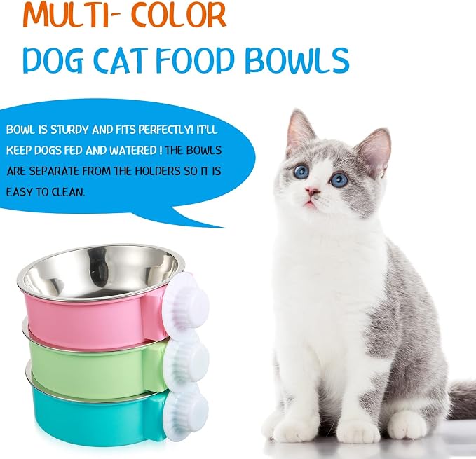 12 Pcs Crate Bowls Bulk Puppy Dog Bowls for Kennel Removable Stainless Steel Crate Water Bowl Kennel Hanging Food Feeders Coop Cup for Cat Puppy Rabbit Birds Ferret Guinea Pigs