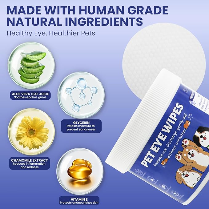 Dog Eye Wipes 100 Counts, Gently Clean Eye Wipes for Dogs & Cats Textured Grooming Pet Eye Wipes for Dogs and Cats, Fight Tear Stains, Eye Debris, Discharge, Mucus Secretions with Aloe & Chamomile