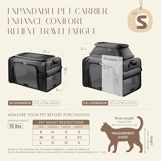 Top-Expandable Pet Carrier with Treat Pet Window,17x11x9.5 Airline Approved | for Alaska Hawaiian,Soft-Sided Dog Carrier, Anti-Scratch Mesh, Lockable Zippers,Cat Carrier for Kitten,Rabbit,Puppy, Black