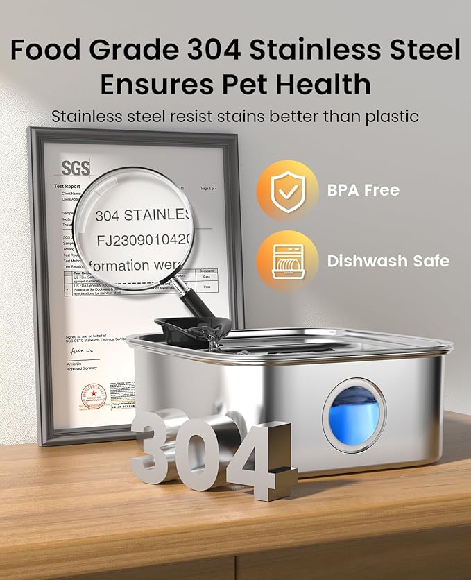 oneisall 10L/2.6Gal Dog Water Fountain for Large Dogs (with 1 Filter) | Deeper & Wider Drinking Area, Visualization Window & Triple Filtration,304 Stainless Steel Dog Water Bowl Dispenser
