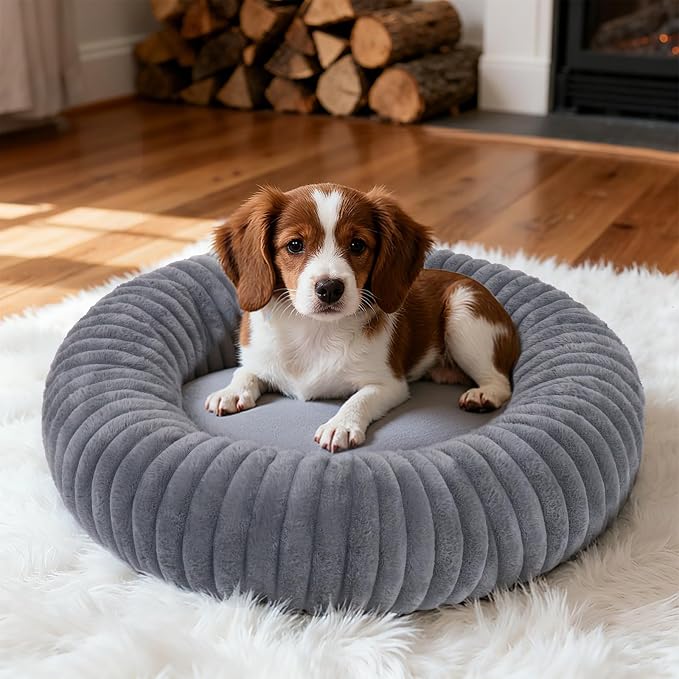 Calming Dog Bed Anti-Anxiety Donut Dog Beds for Small Medium Large Dogs,Washable Plush Fluffy Indoor Cat Kitten Round Cuddler Cushion (Deep Grey, Large-34 inch)