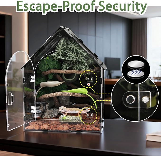 Reptile Terrarium 12.4x12.4x16.2 - Magnetic Front Opening Acrylic Reptile Enclosure, Escape-Proof Black Acrylic Cage for Crested Gecko, Tarantula, Scorpion & Arboreal Pets with Feeding Lid & Wave Roof