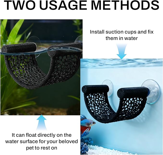 Betta Fish Hammock, White Floating Resting Leaf with Suction Cup - Aquarium Perch Ledge for Bettas, Shrimp, and Nano Fish - Minimalist Tank Decor & Accessory (Black)