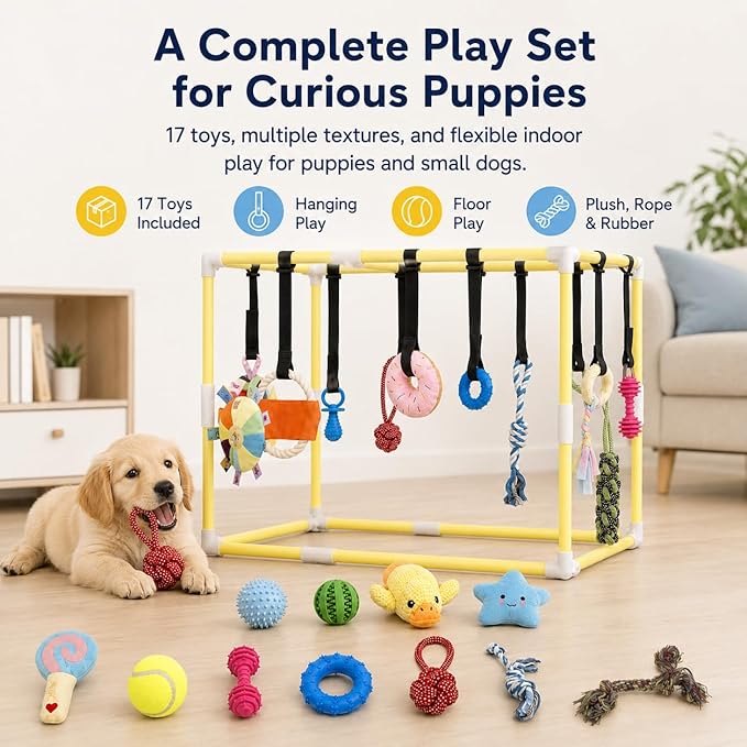 Puppy Play Gym with 17 Hanging Toys, Small Dog Indoor Enrichment Jungle Gym | Interactive Activity Center for Energetic Puppies & Cats, Teething Squeaky Toys, Bungee Straps & 22 in PVC Frame Playground