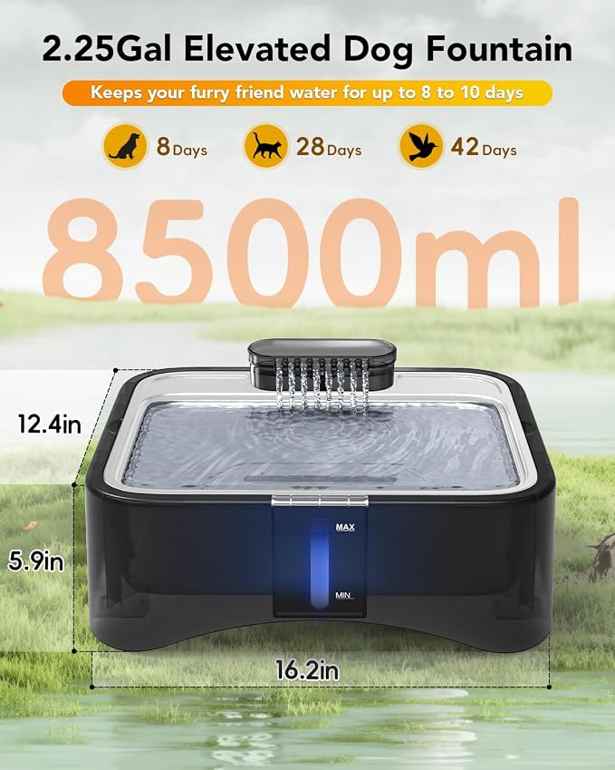 UPSKY 8.5L Elevated Dog Water Fountain with 4 Heights Adjustable, Black | Larger Dog Water Dispenser, 304 Stainless Steel Tray, 5-Layer Filtration, Anti-skid, for Senior/Large Dogs & Multi-pet Homes