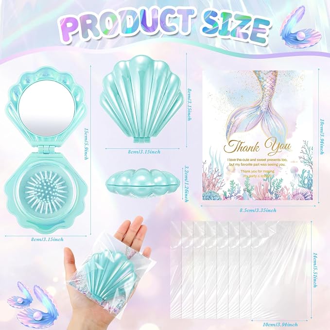LemonRoad 24 Sets Mermaid Party Favors Shell Hair Brush with Mirror Card, Foldable Mini Travel Compact Hair Brush for Women Birthday, Bachelorette, Under The Sea, Beach Party Gifts(Teal)