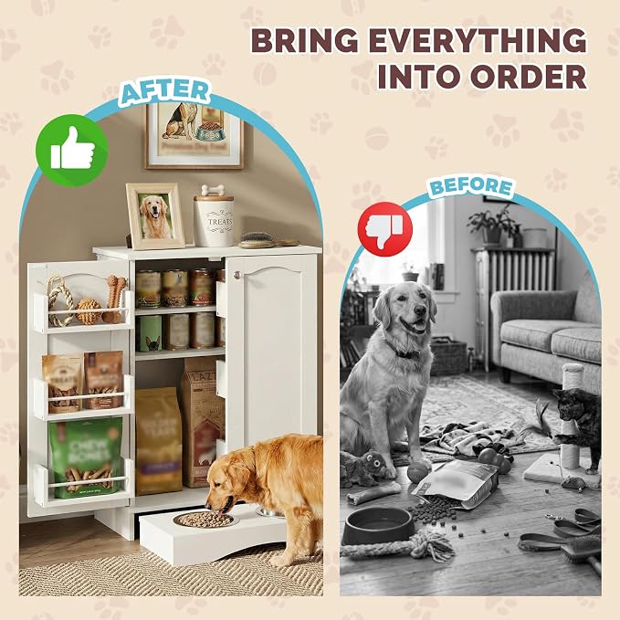 32" H Dog Feeding Station with Storage with Adjustable Shelves | Pet Food Storage Cabinet with 2 Elevated Bowls,Hooks & Letter Stickers,Hidden Dog Feeding Organizer for Cats and Dogs,White