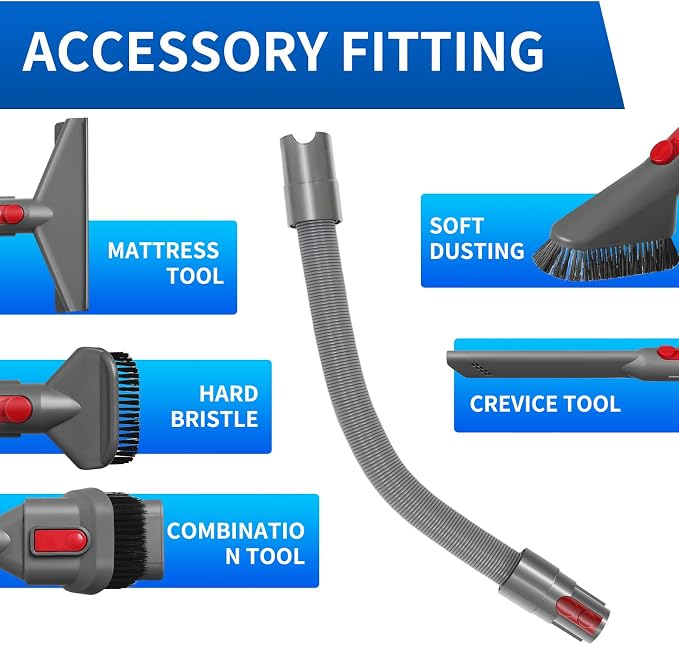 Vacuum Attachment Kit Compatible with Dyson V7 V8 V10 V11 V15 Cleaner | Flexible Extension Hose Mattress Tool Stiff Brush Soft Bristle and Flexible Crevice Tool for Home Cleaning