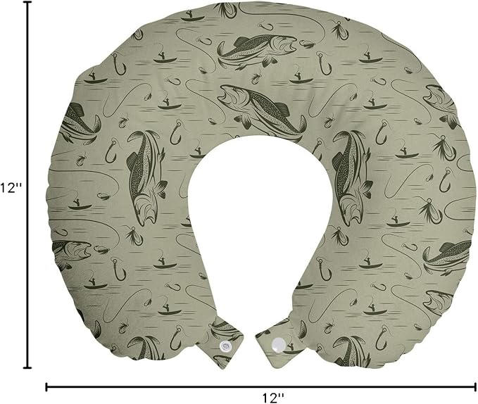 Ambesonne Fishing Travel Pillow Neck Rest, Hobby Concept Pattern with Fisherman on Boat Catching Trouts with Rot and Hook, Memory Foam Traveling Accessory for Airplane and Car, 12", Dusk Green