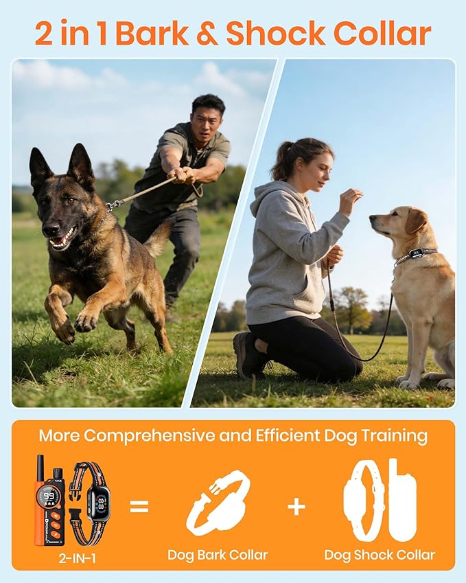 2-in-1 Bark & Shock Collar - Color Screen Dog Training Collar with Beep/Vibration/Shock/Anti Bark 4 Modes, 3300FT E Collar with Remote for Small to Large Dogs (8-120lbs), IP67 Waterproof Rechargeable