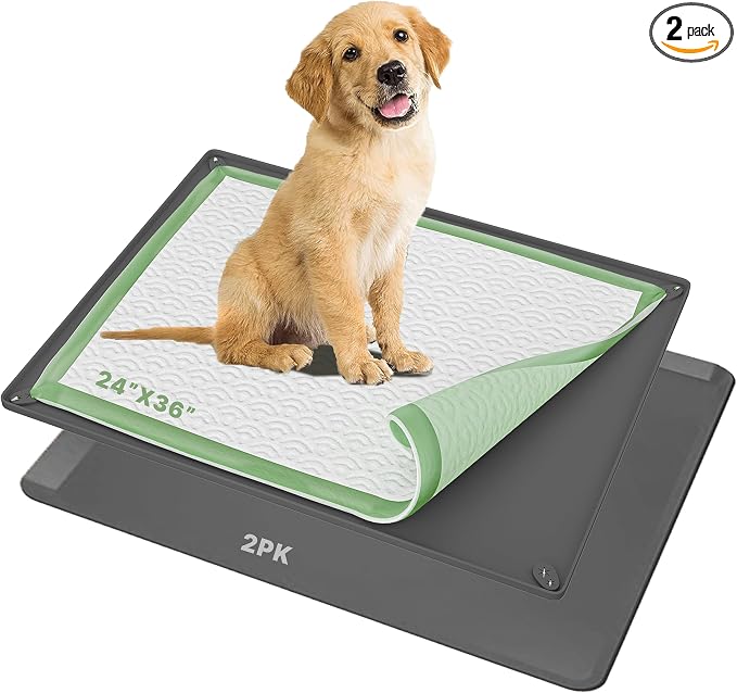 TidyFriend 2 Pk Dog Pee Pad Holder Tray Fits for 24” x 36” Pee Pads with Corner Lock Holes, Raised Edges, Non-Spill, Easy to Clean Silicone Dog Potty Tray Holder, for Indoor Floor Protection (Grey)