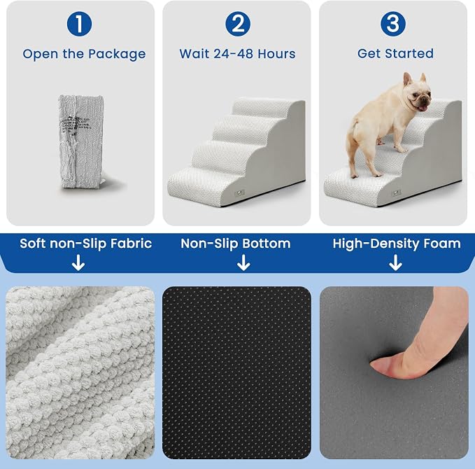 Dog Steps for Bed 17.7" H, 4-Step Pet Stairs Ramp for Small & Medium Dogs | Airpanda Dog Stairs with Washable Cover & High-Density Foam,Gentle Curved,Ideal for Senior & Short-Legged Dogs,Light Grey