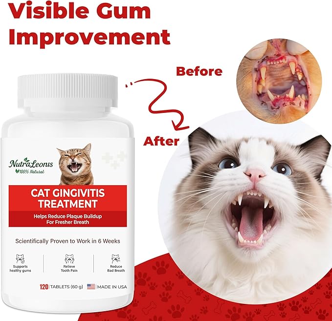 Cat Dental Care – Relieves Gingivitis – Inhibits Plaque & Tartar Buildup, Protects Gum Health and Relieves Bad Breath and Bleeding Gums, Natural Plant Extracts, 120 Easy-To-Swallow Tablets