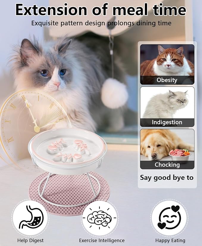 Ceramic Elevated Slow Feeder Cat Bowl, Anti Vomit, Removable Dish Pink | Removable Ceramic Bowl Elevated Slow Feeder Whisker-Friendly Wet & Dry Food Metal Stand