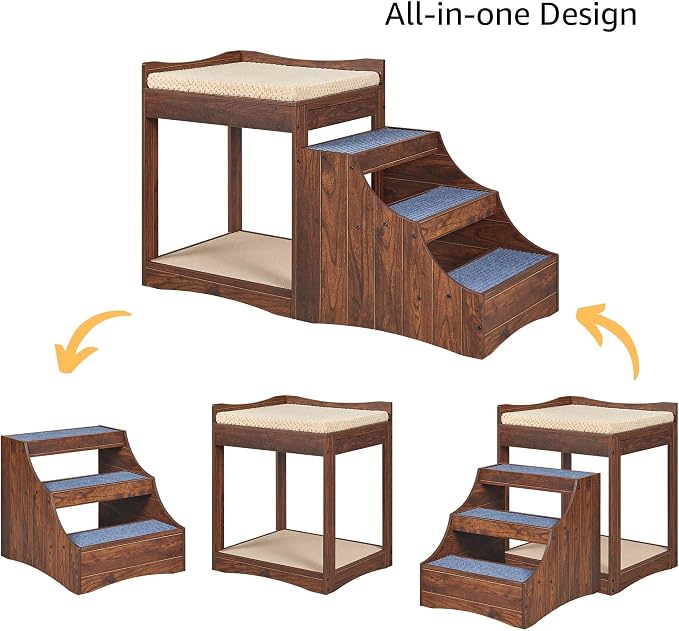 unipaws Pet Bunk Bed with Removable Step for Dog and Cat, Window Perch Seat | Multi-Level Bed with Cushion and Cat Scratch Pad, Indoor Use, Walnut