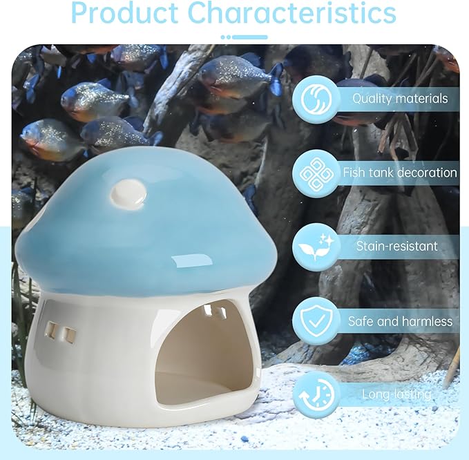 AnRui Ceramic Mushroom Aquarium Decor Cute House Betta Fish Tank Accessories Decoration Hideout Cave for Small Fish, Shrimp, Goldfish and Reptiles, Easy to Clean (Blue, Small)