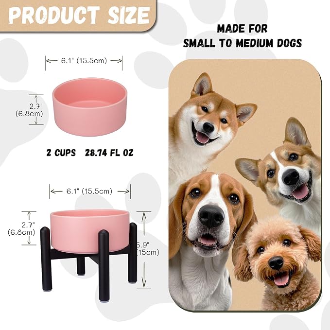 Raised Ceramic Dog Bowl Set with Stand, 2 Cups Elevated Dog Food Stand | 6.1'' Single Dog Food or Water Bowl Set, Non-Slip Dog Feeding Dishes for Small to Medium Breeds, 28.75 OZ, Pink