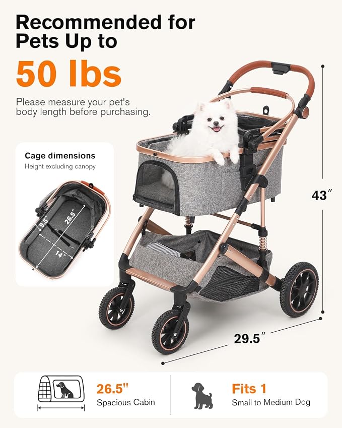 Pet Stroller with Detachable Carrier, Shock-Absorbing & Foldable | Dog & Cat Stroller for Small/Medium Pets, Convertible Car Seat, 4-Wheel Smooth Ride, Travel Carrier