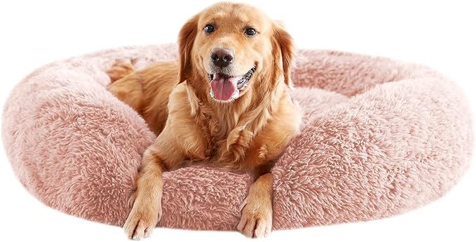 Calming Dog Beds for Large Dogs, Faux Fur Donut Cuddler Dog Bed, Round Fluffy Pillow, Washable Pet Bed for Dogs Up to 80Lbs, 36inch