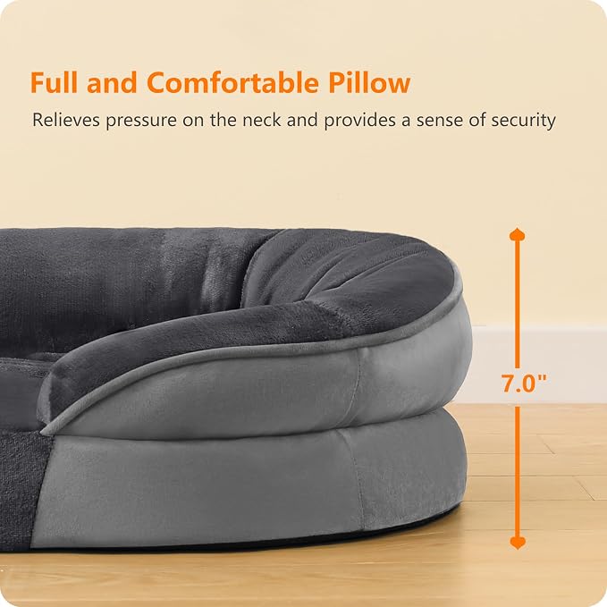 Dwanton Orthopedic Dog Bed for Extra Large Dogs with Gel Memory Foam, Waterproof Dog Sofa, Washable Pet Bed with Four Sided Bolster Cushion, Removable Cover & Non-Slip Bottom, 45", Dark Grey