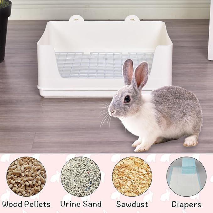 VCEPJH Extra Large Rabbit Litter Box for Cage, Plastic Litter Pan Corner Pet Toilet Small Animal Potty Tray with Metal Grate for Adult Guinea Pigs Chinchillas Ferrets (White)