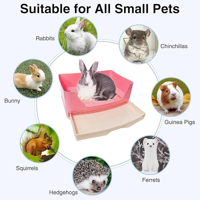 kathson Large Rabbit Litter Box with Drawer, Bunny Potty Trainer Corner Toilet Guinea Pig Litter Box Bigger Pet Pan with Grass Mat for Chinchilla, Ferret, Hamster (Pink)